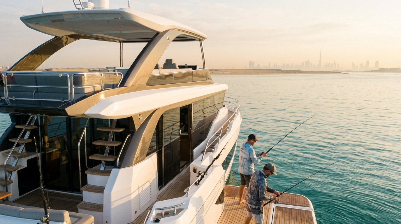 Anglers casting fishing rods from the aft deck on open Dubai waters