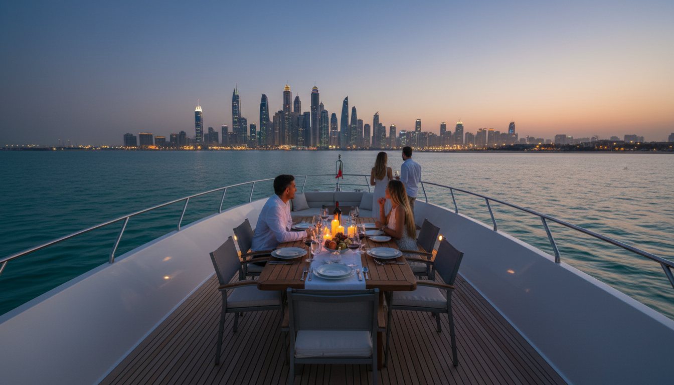 Candlelit dining table arranged on a yacht deck before glowing Dubai Marina towers