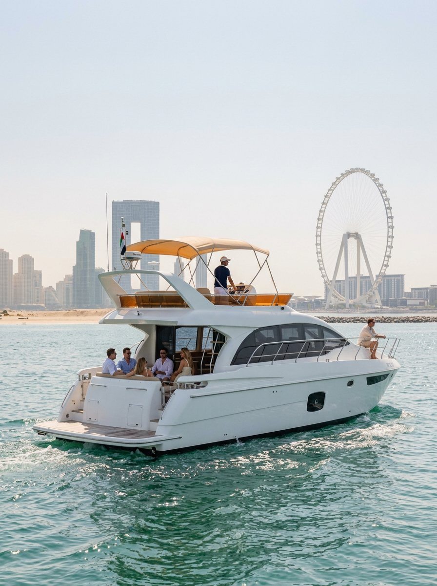 Captain steering a motor yacht carrying relaxed guests along the Dubai coastline