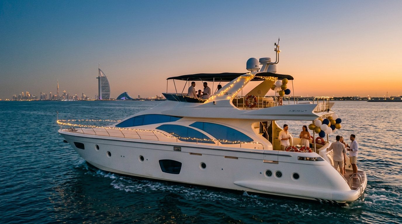 Celebratory yacht decorated with festive balloons cruising near the warm Dubai coast