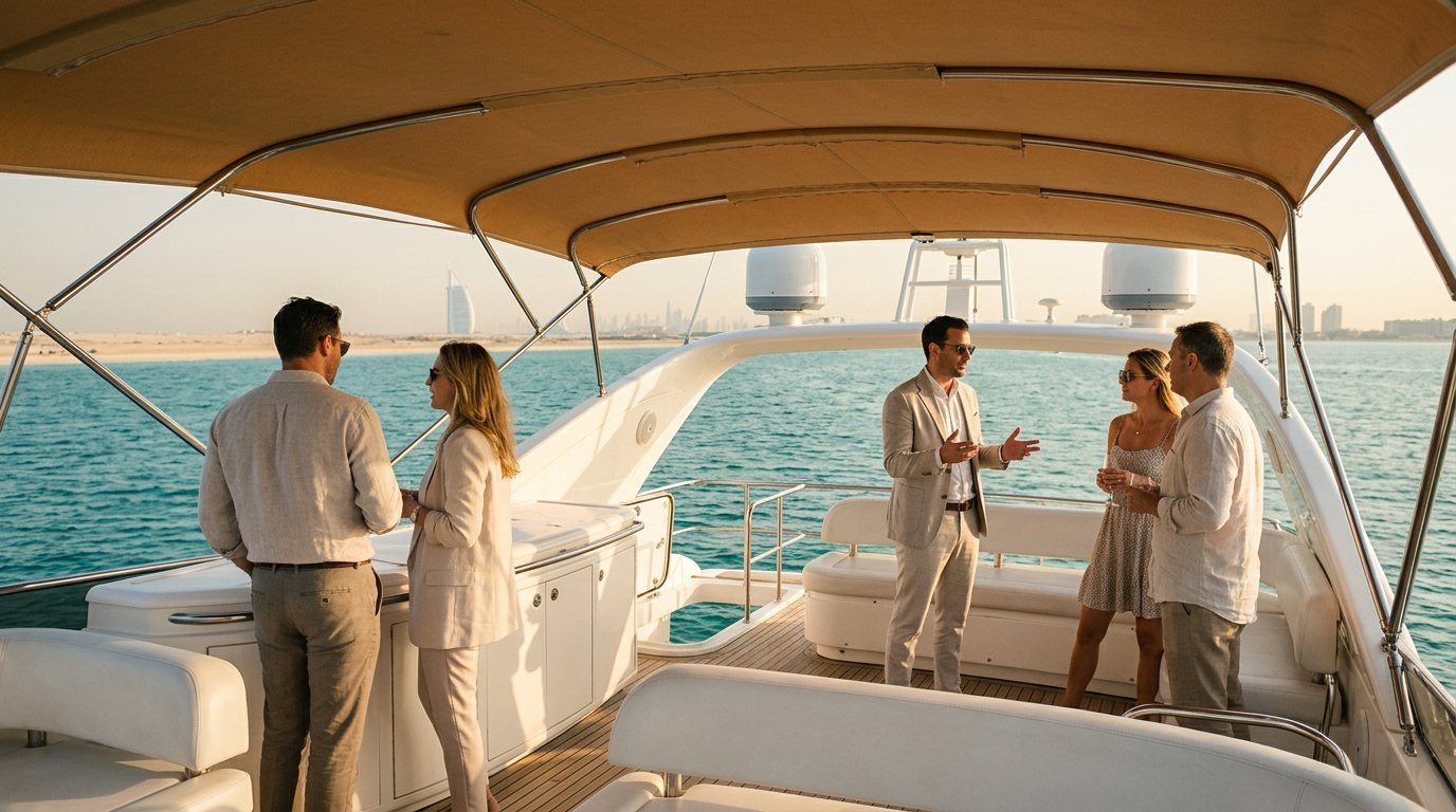 Colleagues in smart casual attire chatting on a yacht deck along Dubai shores