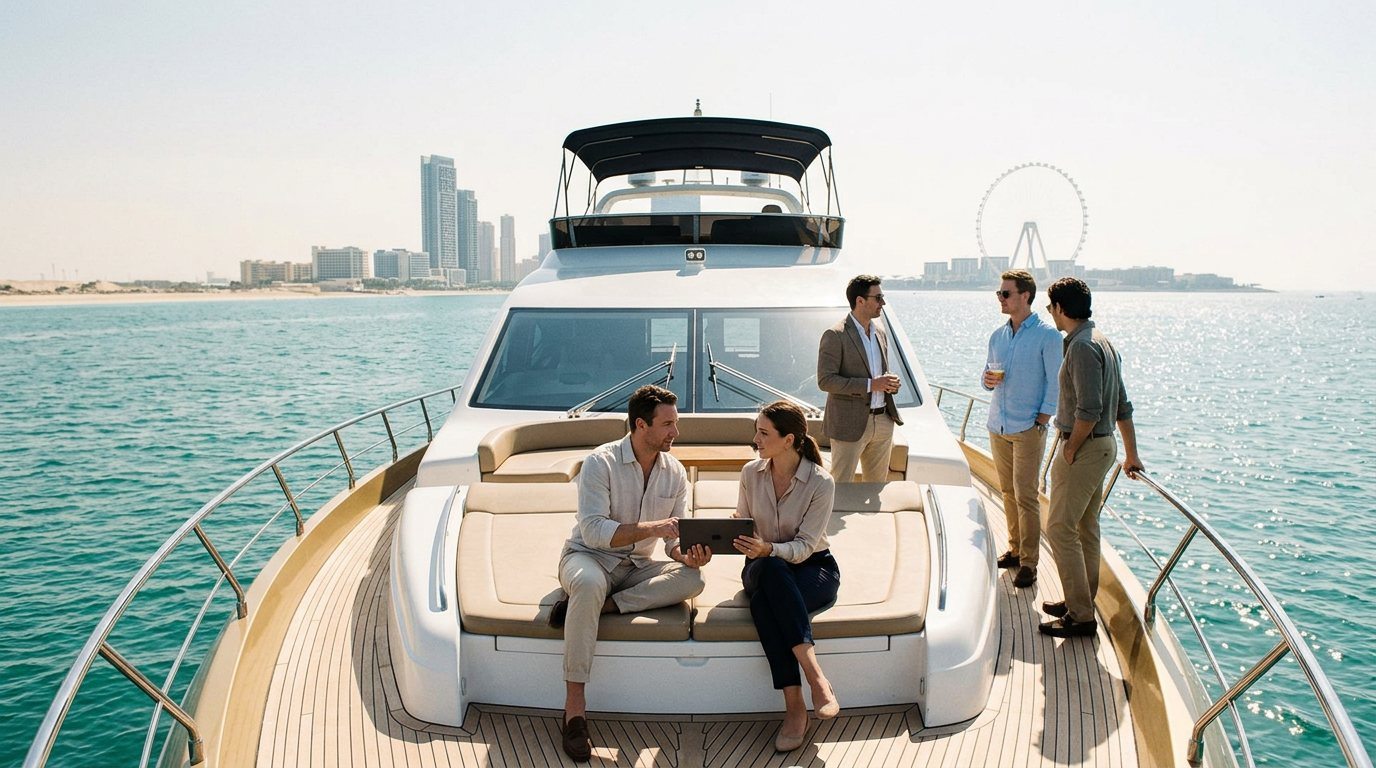 Corporate group networking on a yacht deck with the bright Dubai coast behind