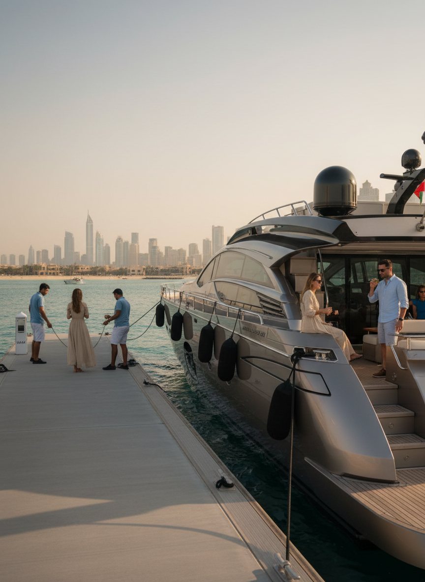 Deck view overlooking uniform crew members preparing a yacht beside the marina dock