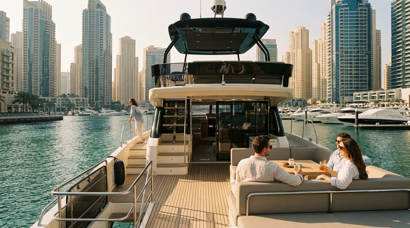 Dubai Marina residential towers and luxury berths seen from a passing boat deck