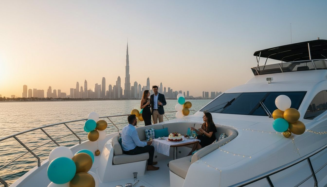 Guests enjoying a balloon-filled celebration on deck along the colorful Dubai coast