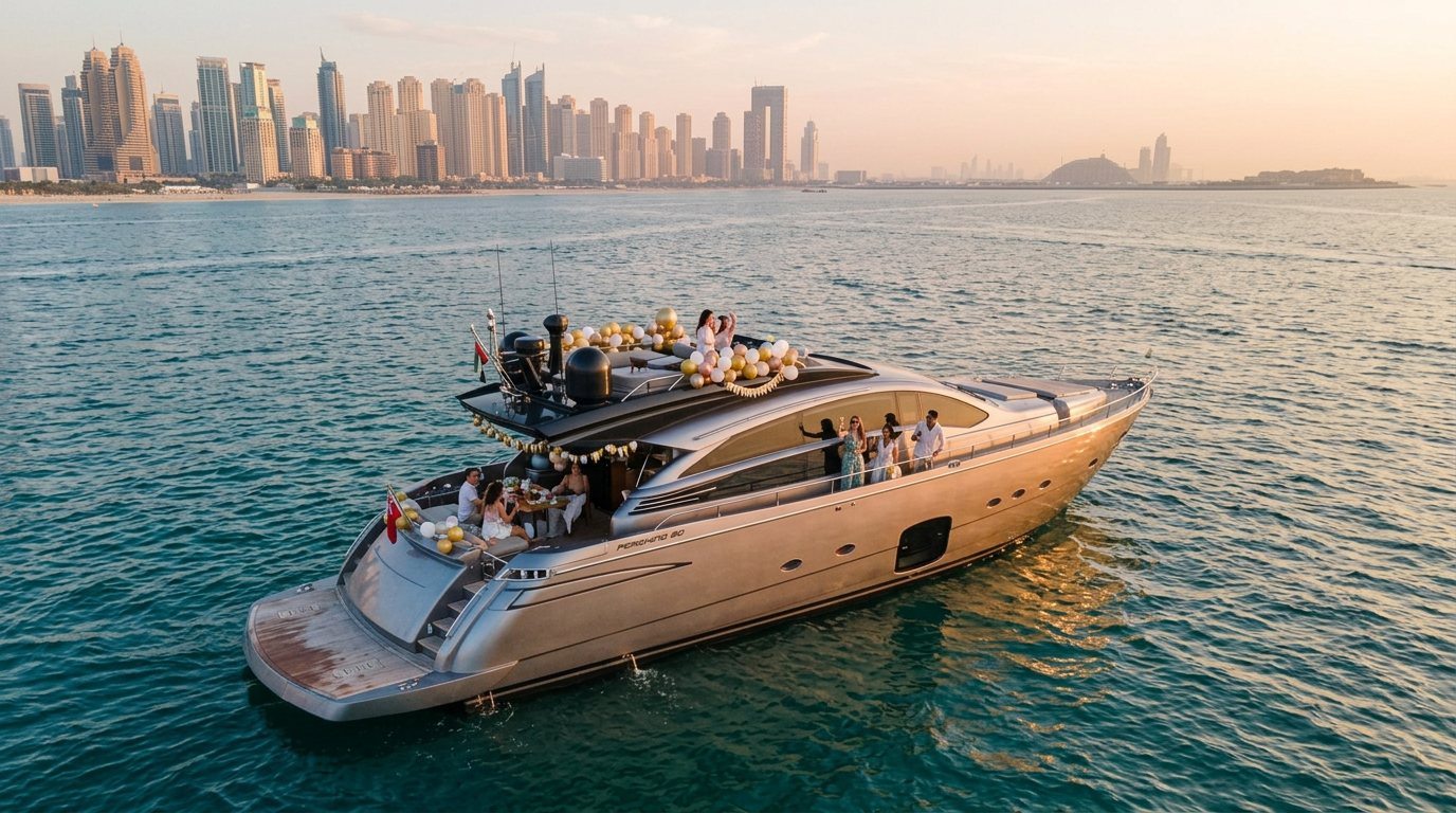 Overhead view of guests celebrating on a balloon-decorated yacht deck near Dubai