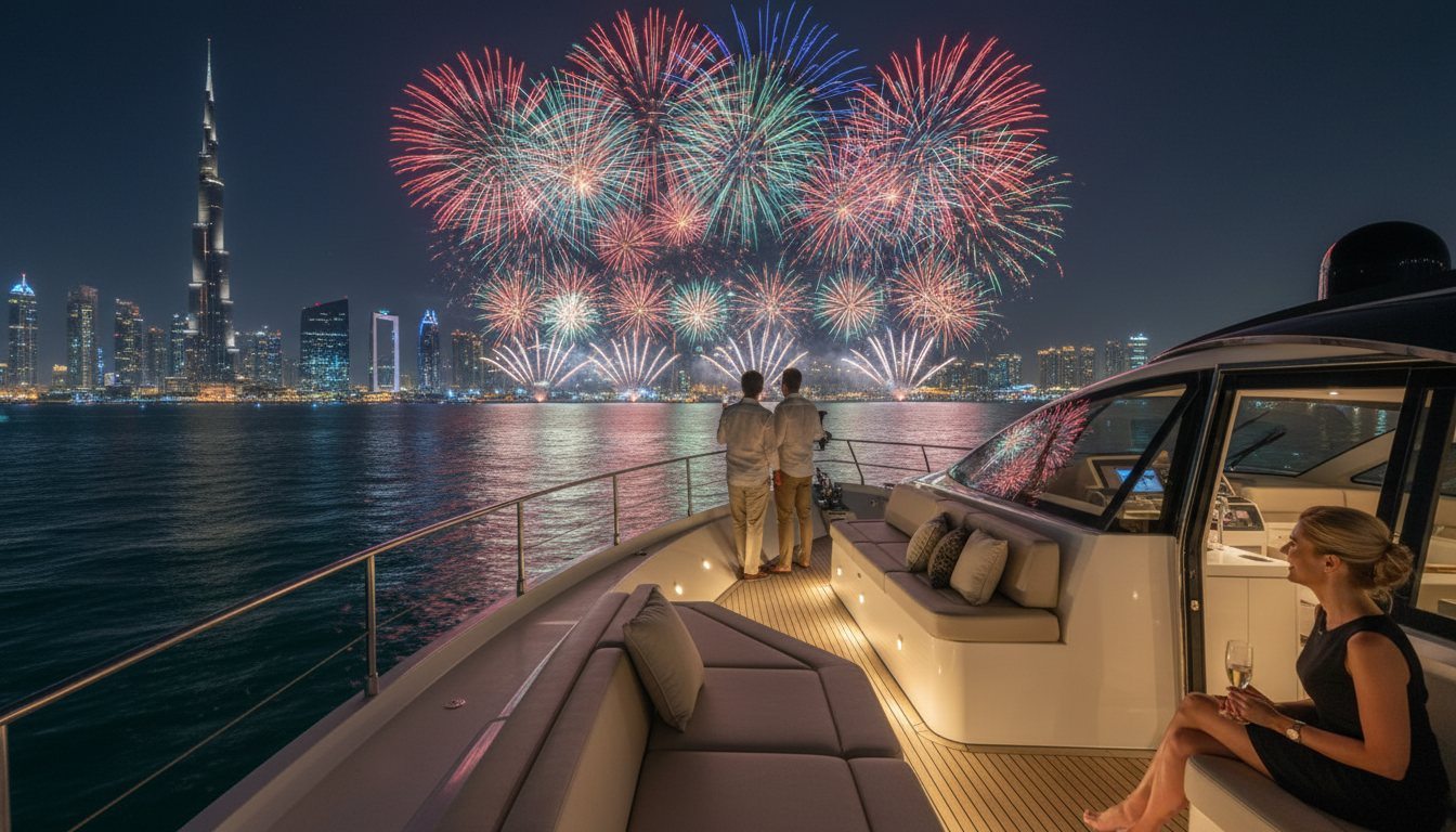 Party guests with drinks watching vibrant fireworks erupt over the nighttime Dubai skyline