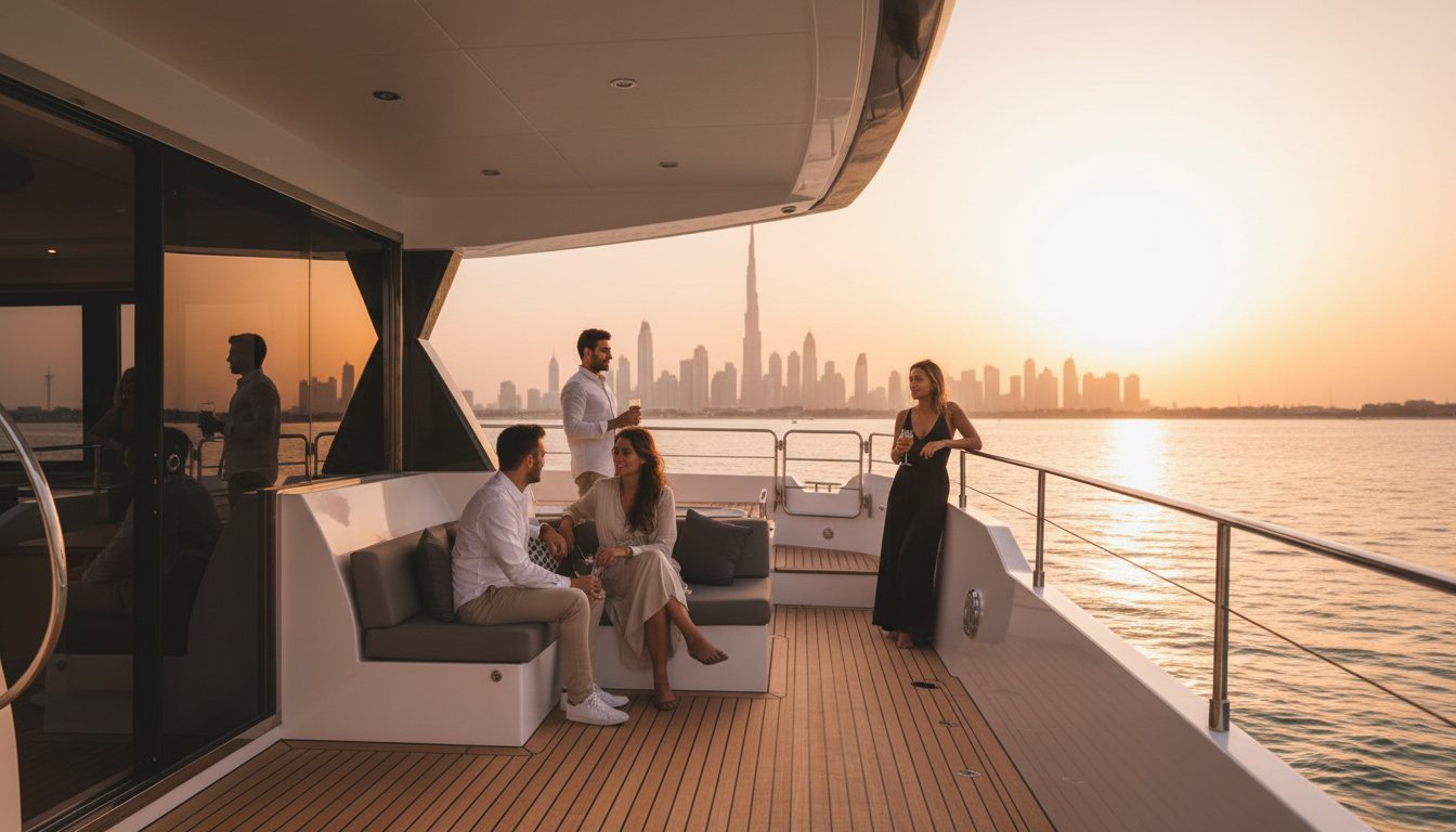 Relaxing on a yacht deck while cruising alongside the glowing Dubai coastline