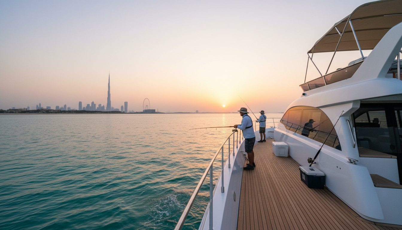 Two anglers holding fishing rods on the stern of a boat near Dubai