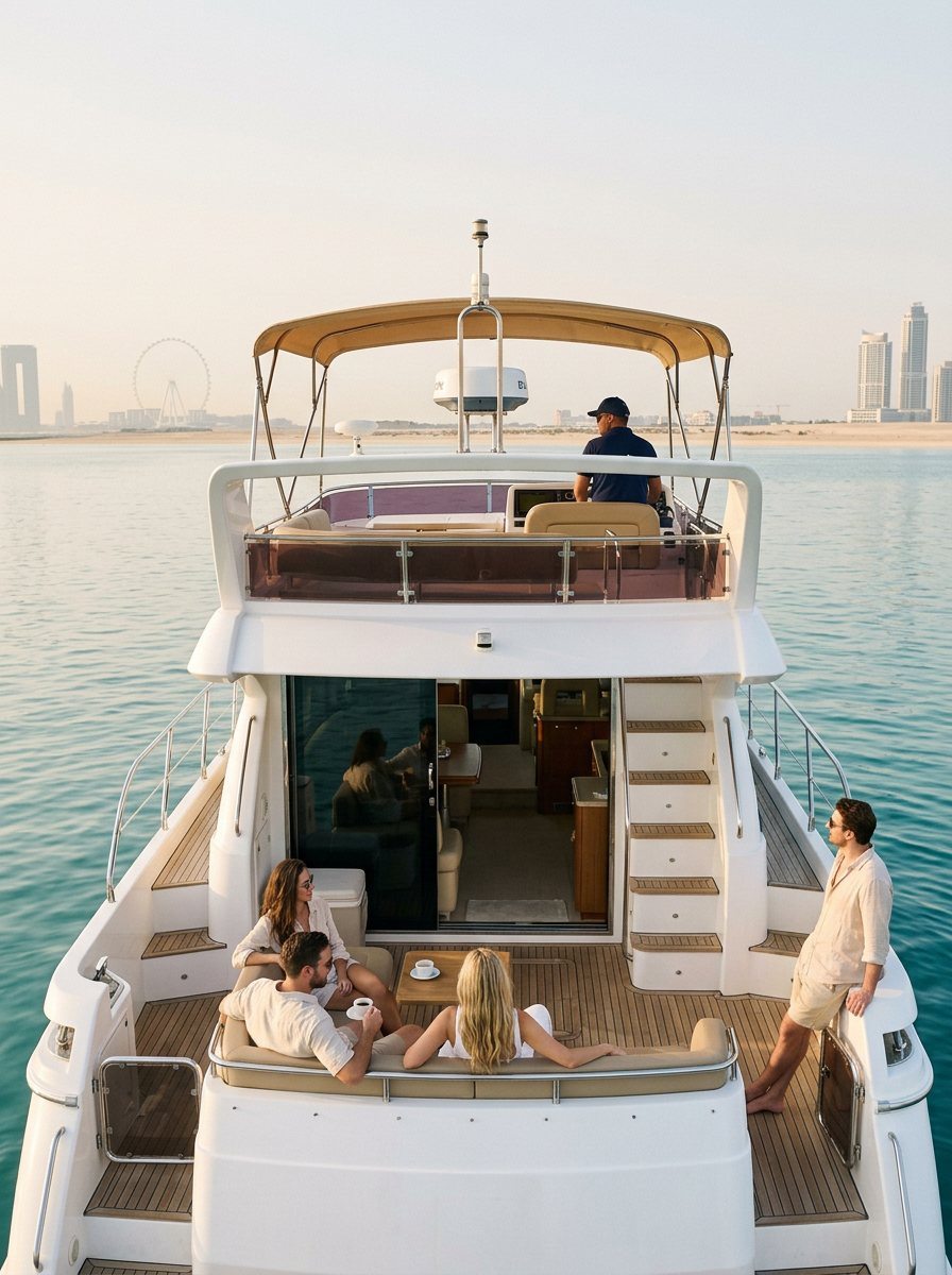 View forward toward the captain steering while guests lounge on the stern