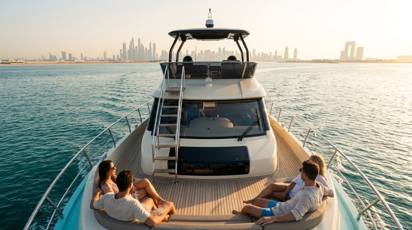 View over a yacht deck toward calm seas and the Dubai skyline