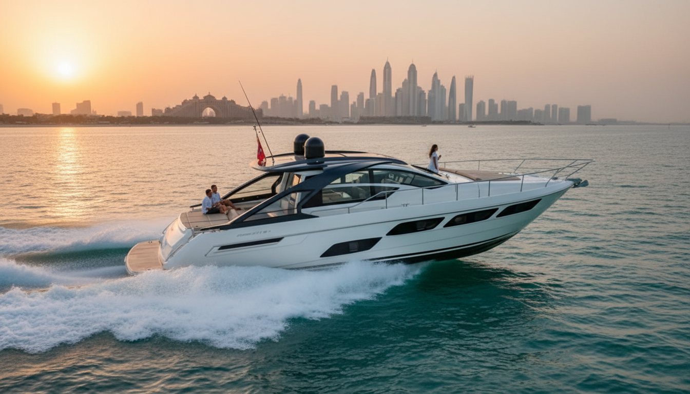 White motor yacht sailing smoothly through calm waters against the Dubai cityscape