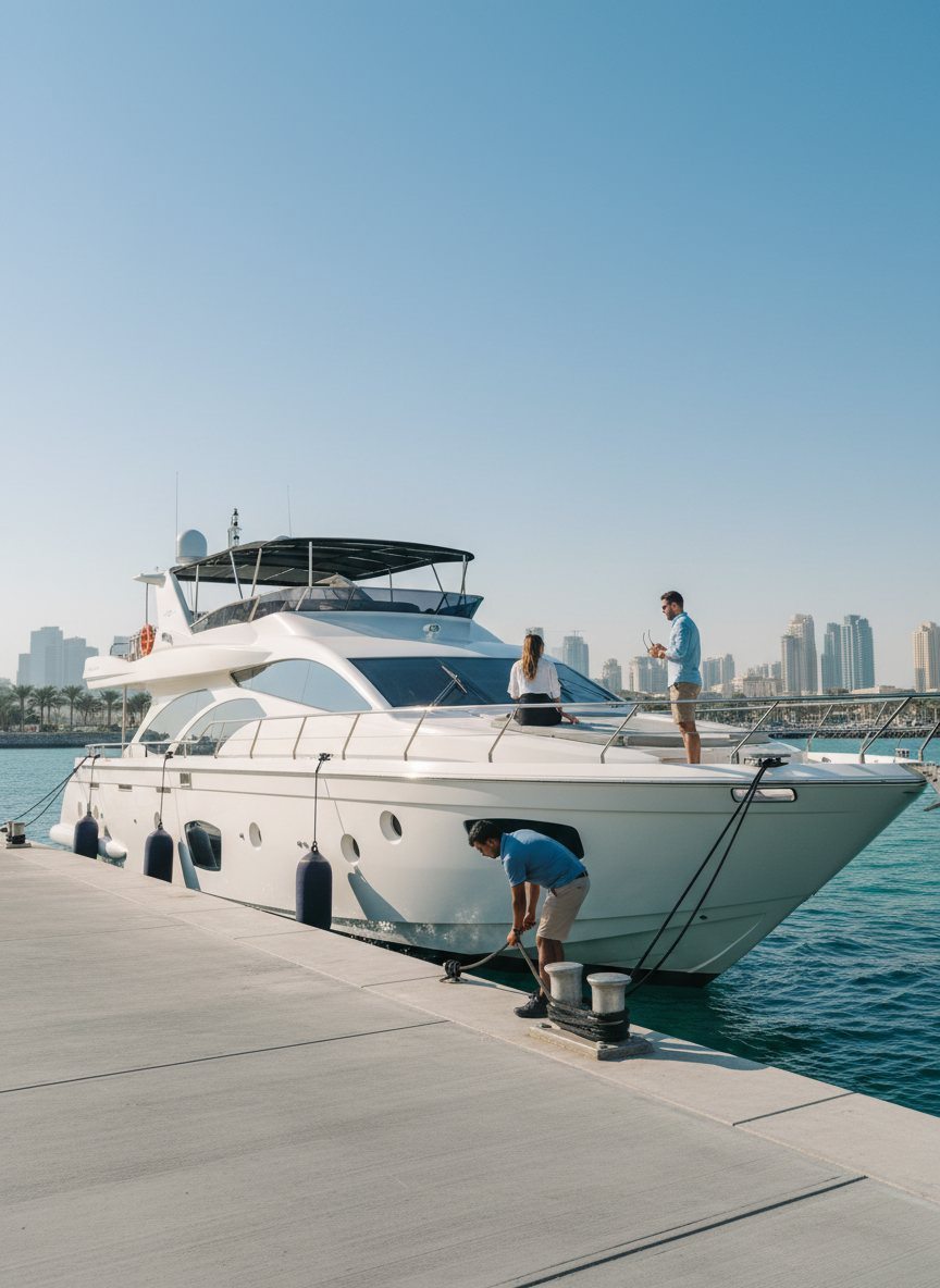 Yacht crew gathered on a marina walkway with the Dubai skyline behind them