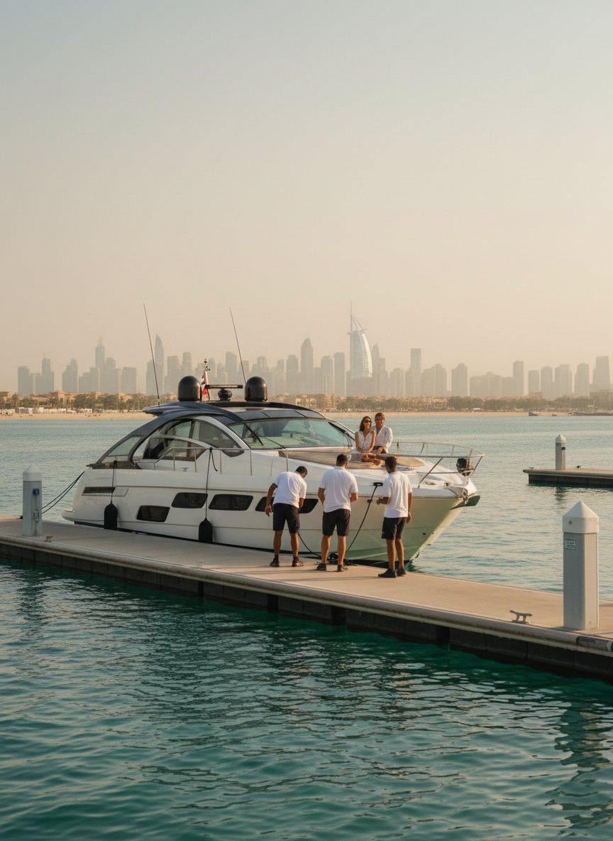 Yacht crew standing on a sunlit marina pier in Dubai beside moored vessels